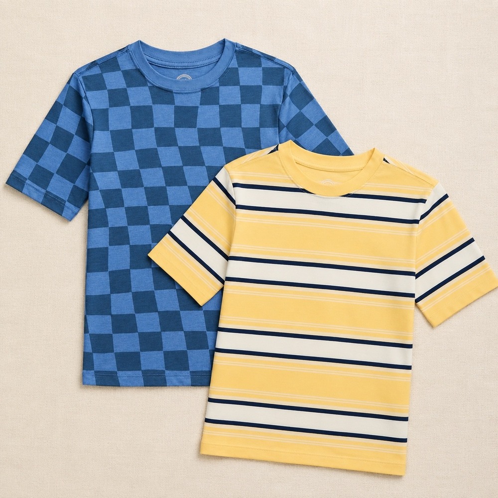 Wonder Nation Boys 2-Pack T-Shirts XL 14-16 Husky Blue Checker Yellow Stripe NEW